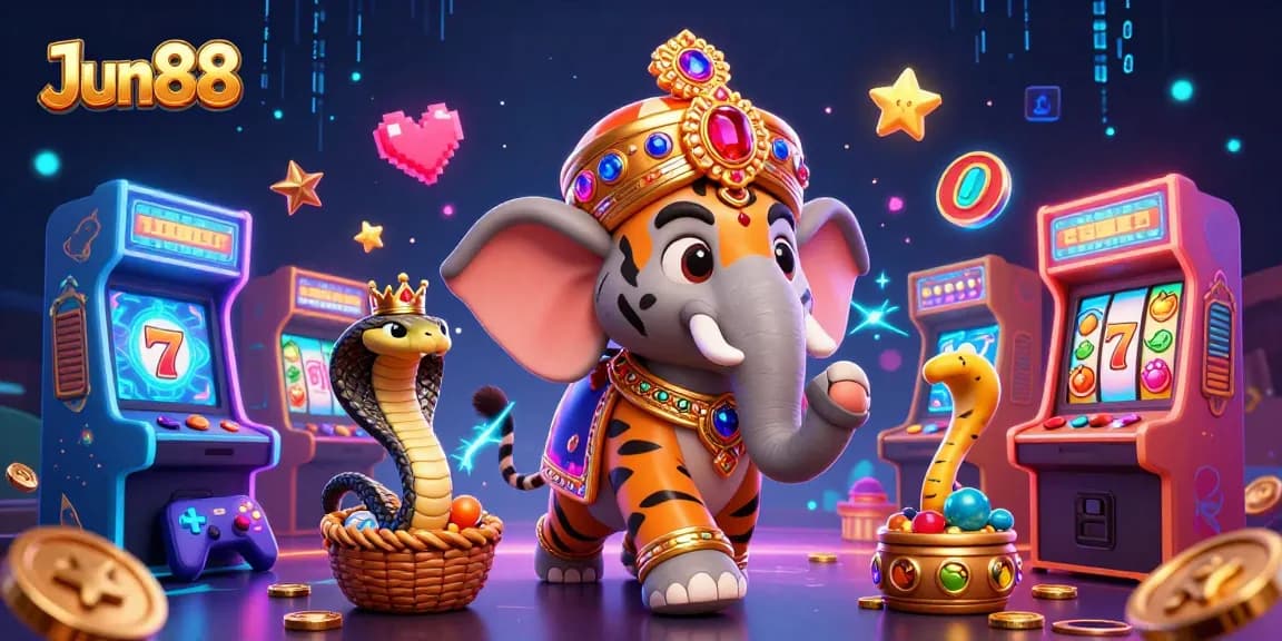 Join the excitement of gaming at Jun88 featuring a cartoon tiger and dazzling casino elements.