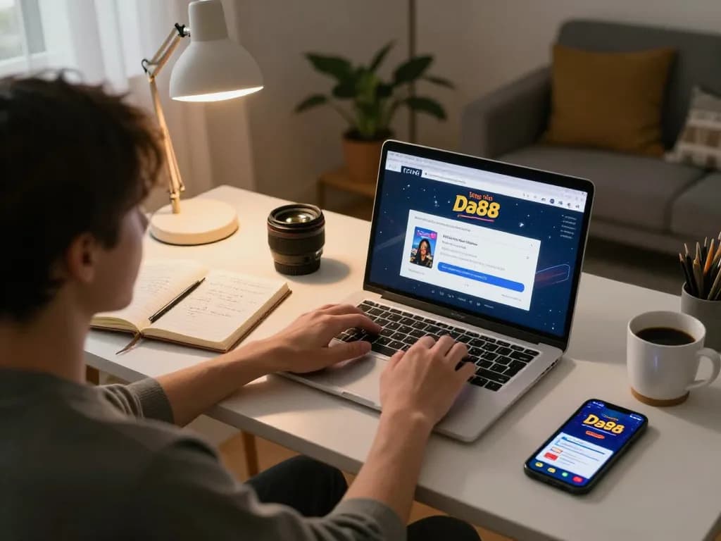 Registering effortlessly for Đăng ký Da88 online with a laptop in a cozy home office setting, showcasing gambler's preparation