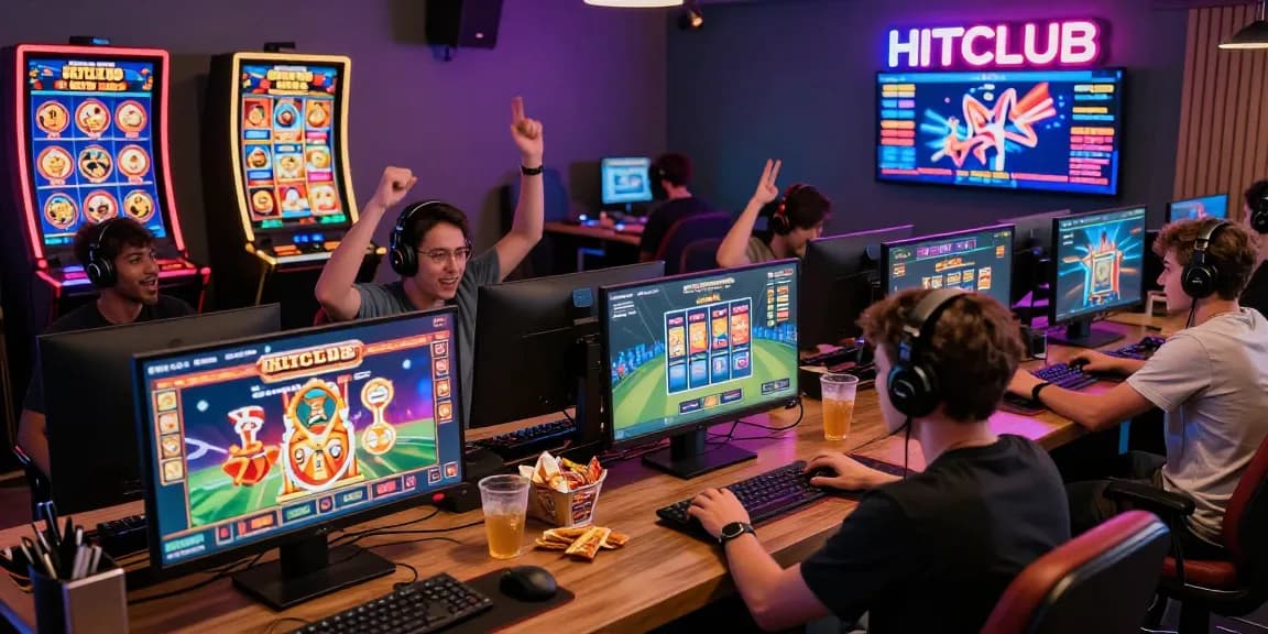 Players enjoying an engaging experience on the HITCLUB online gaming platform, surrounded by colorful game graphics and a lively atmosphere.