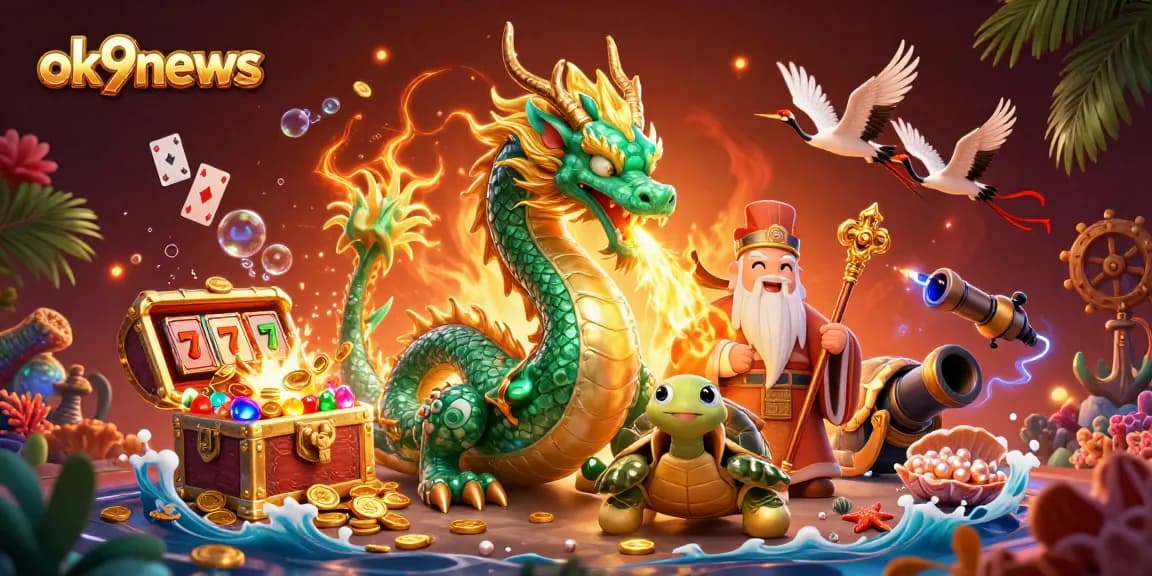 Experience thrilling gameplay with ok9news featuring a dramatic 3D scene of a dragon and sage amid explosive casino elements.