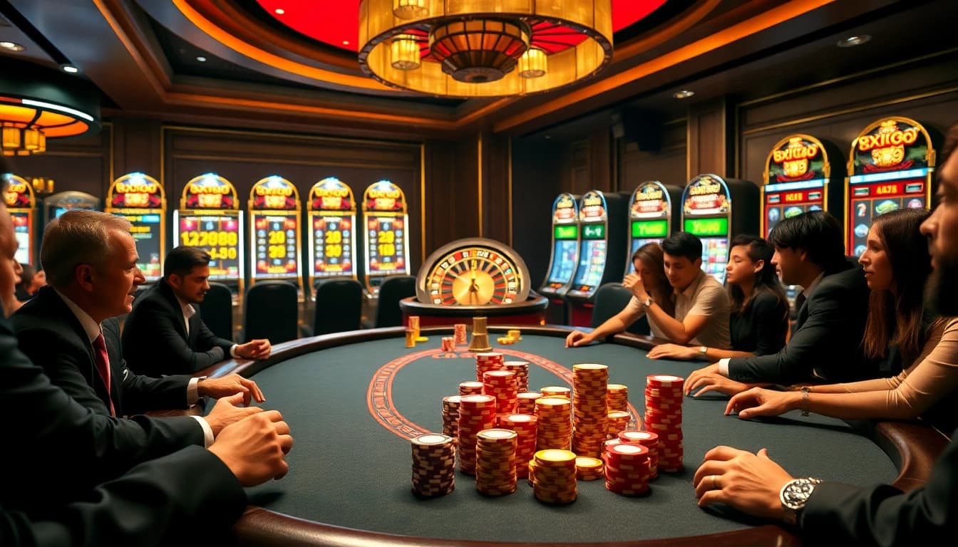 Experience high-stakes excitement at XX88's luxurious poker table with vibrant chips and a spinning roulette wheel.