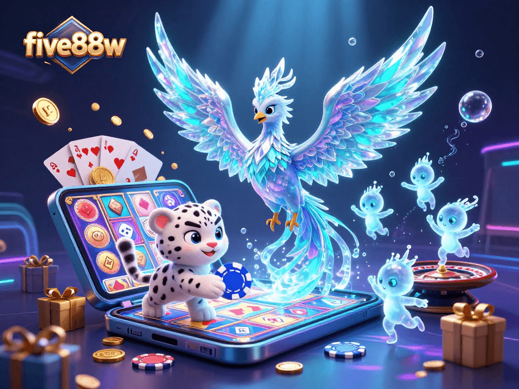 Experience the exciting casino world with five88w featuring a magical ice phoenix and vibrant game elements.