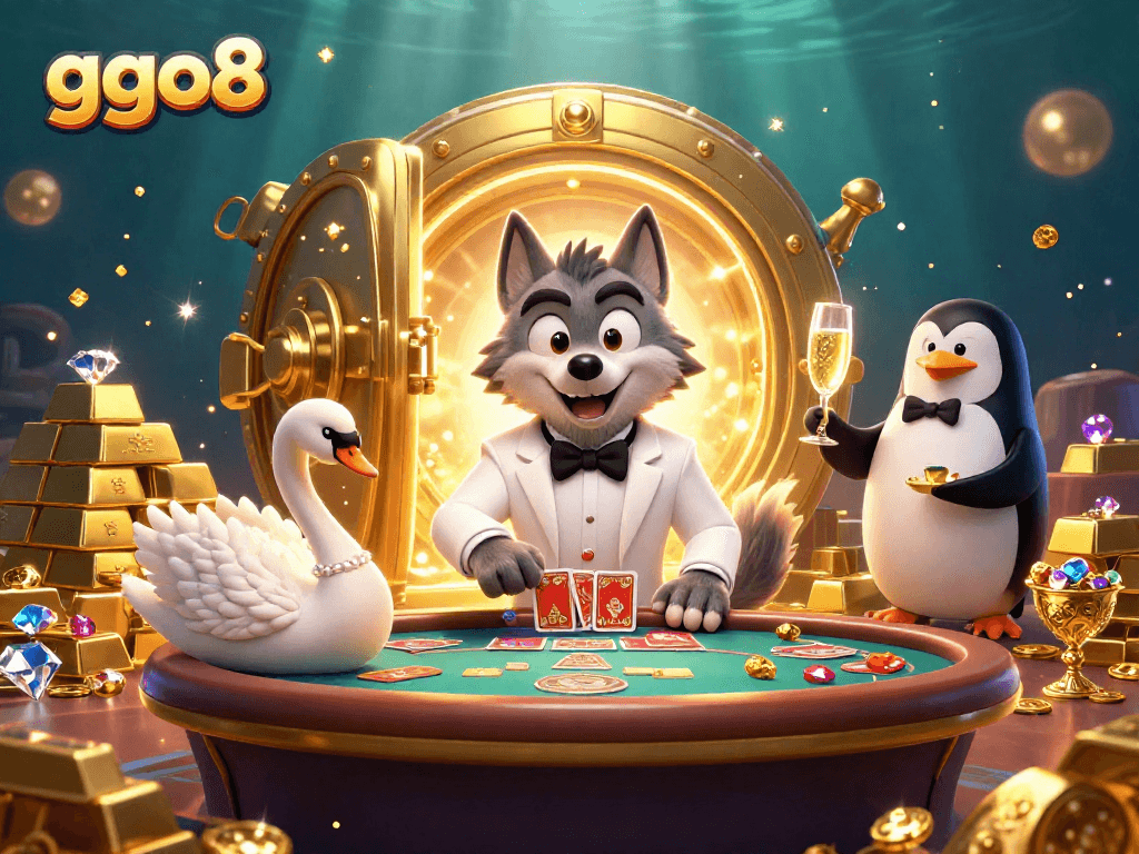 Engage with ggo8's lively casino scene featuring a debonair wolf, elegant swan, and penguin sommelier