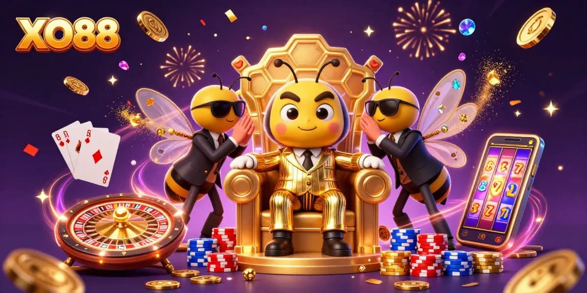 Engage in the vibrant world of XO88 with a dynamic casino scene featuring thrilling games and characters.