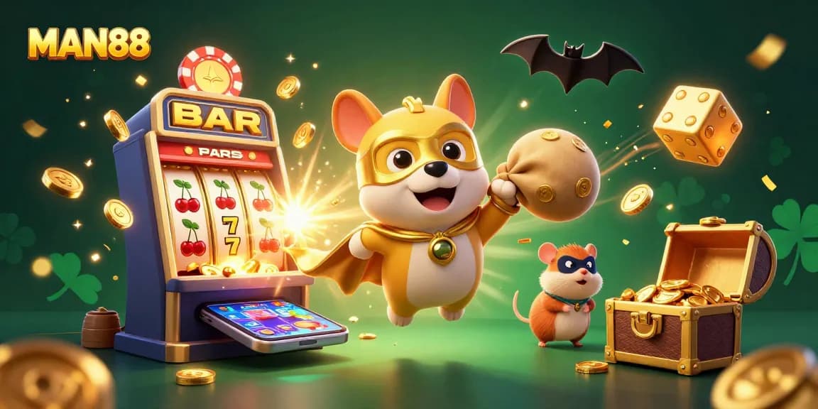 Engage with MAN88 experiences as a superhero dog soars with gold, amidst casino excitement.