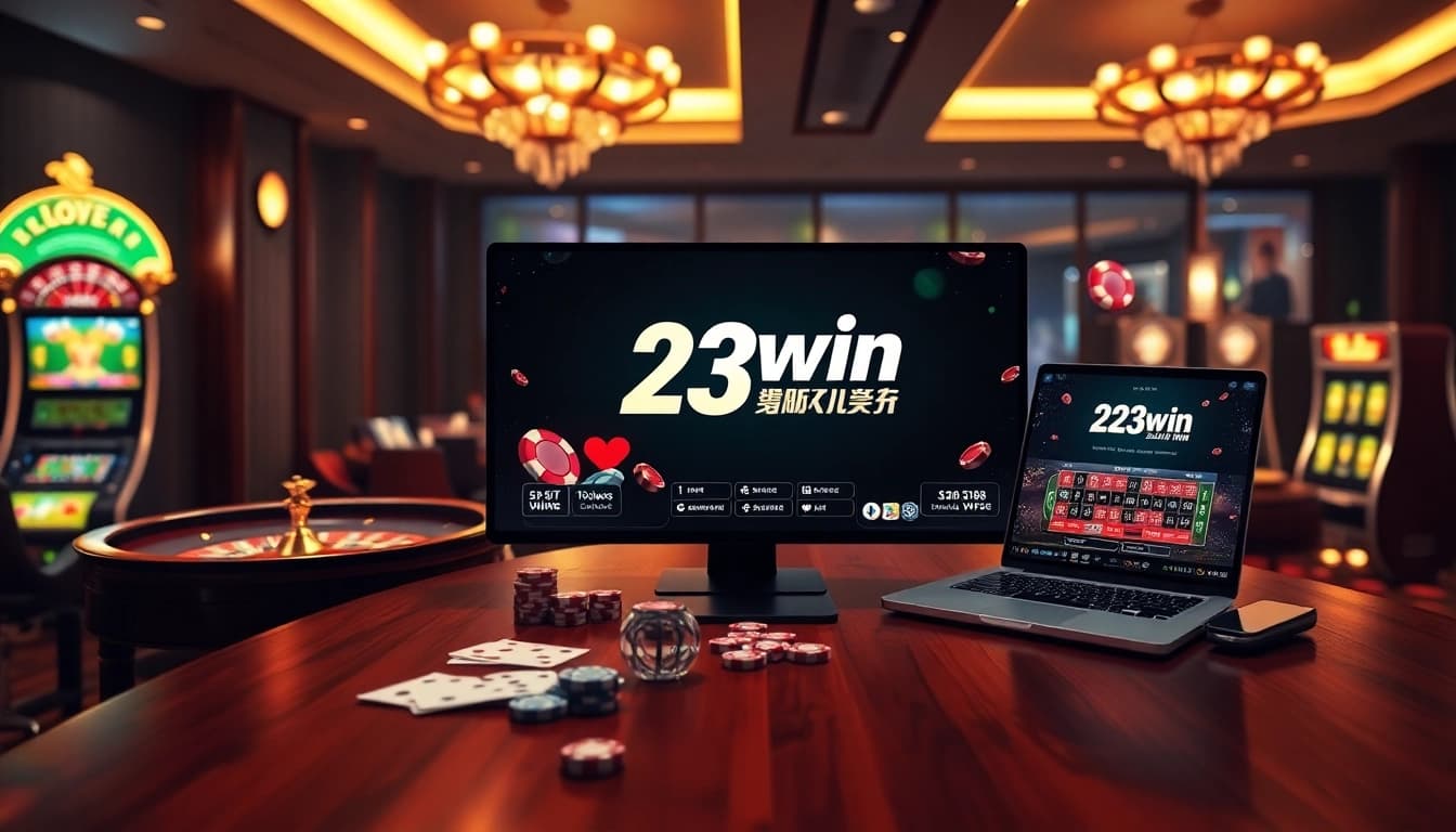 Gamblers enjoying vibrant online gaming on the 23win platform with poker chips and a roulette wheel.