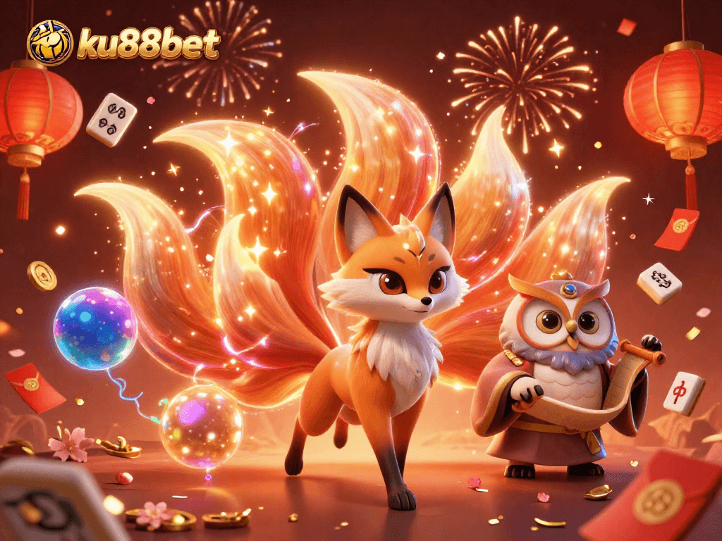 ku88bet offers immersive gaming experiences with a vibrant illustration featuring a nine-tailed fox and owl.
