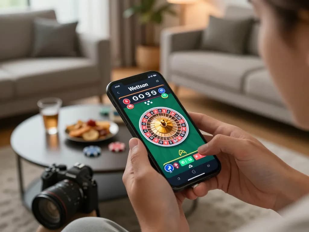 Neem deel aan de Wettson App op een smartphone, met live roulette gameplay en levendige scene-elementen.