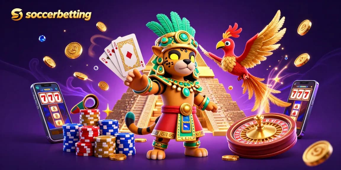 Engage in soccerbetting with a dynamic scene of gambling elements and Mayan characters.