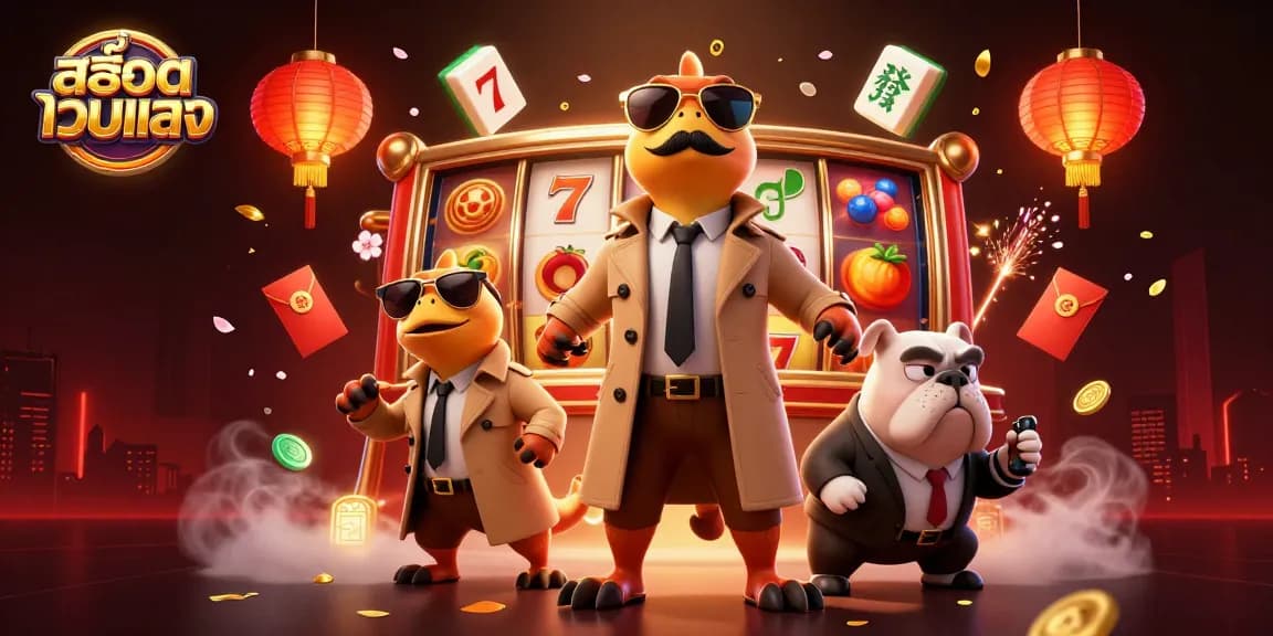 Win big playing สล็อตเว็บตรง, with 3 raptors in a trench coat entering a VIP casino lounge!