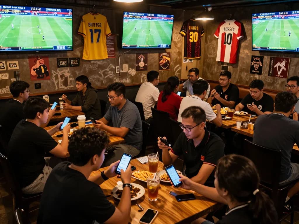 Soi kèo bóng đá enthusiasts discussing matches and betting strategies in a lively sports bar.