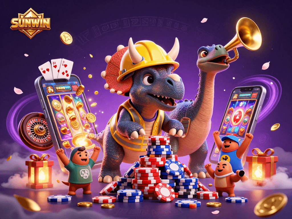 SUNWIN showcases an exciting scene with a colorful triceratops building poker chips in a vibrant gambling environment.
