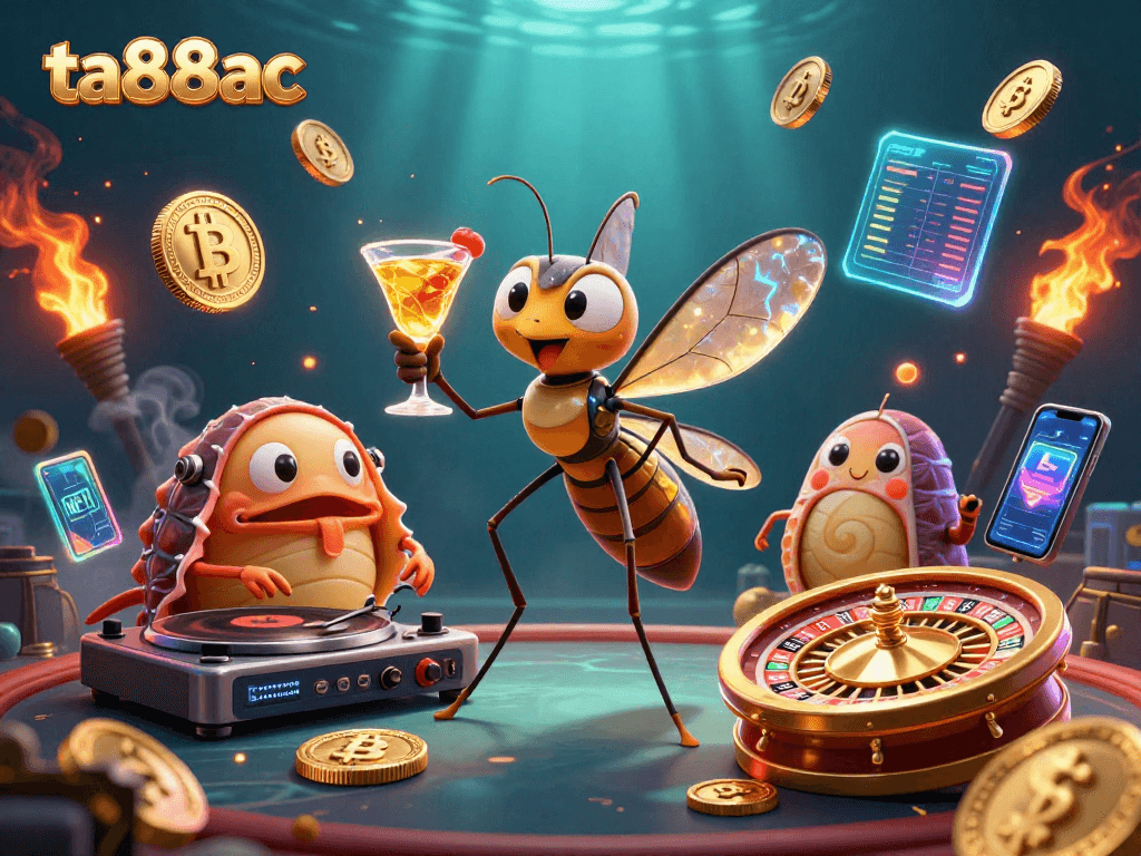 Play with ta88ac in a vibrant casino scene featuring unique characters and crypto elements.