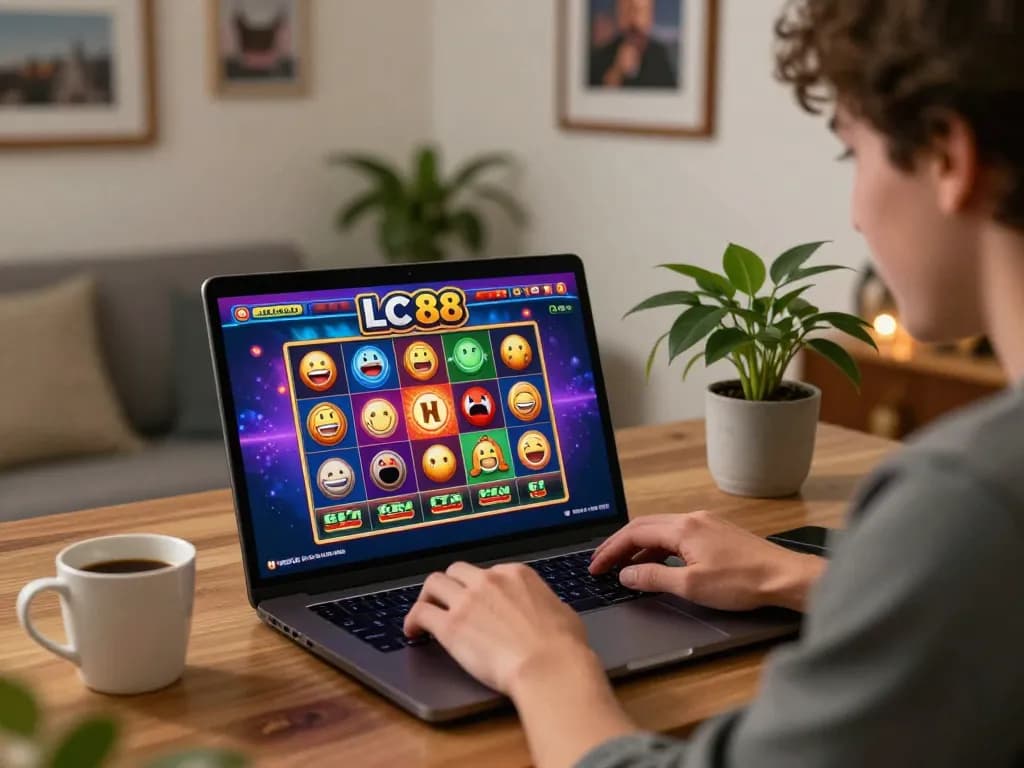 Person enjoying a thrilling online LC 88 slot game experience from the comfort of home.