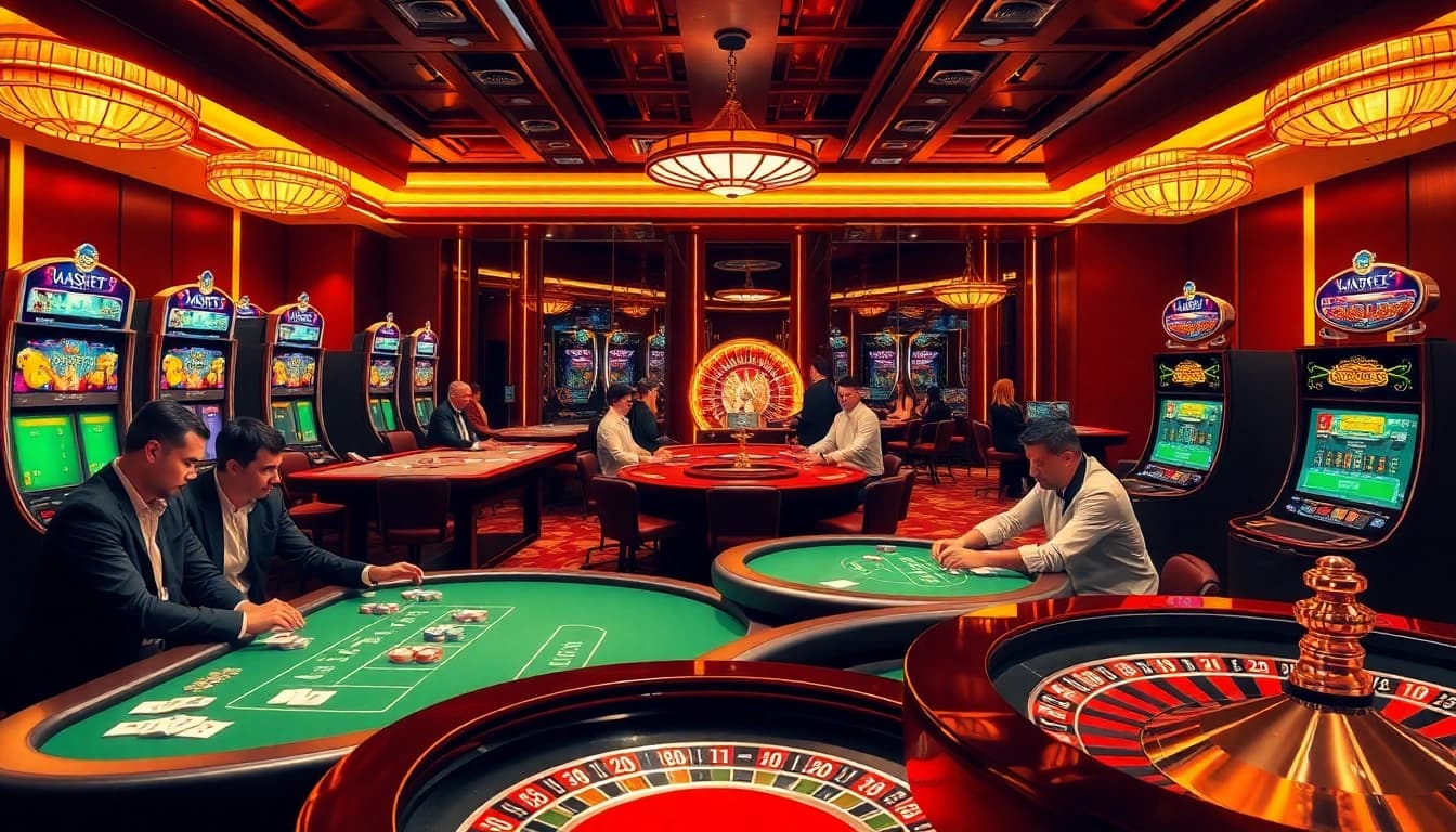 Experience the thrill of Jun88 casino with engaging players and vibrant betting tables in a luxurious setting.