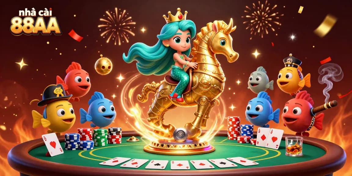 Engage with nhà cái 88AA in this vibrant casino scene featuring a mermaid princess and poker elements.