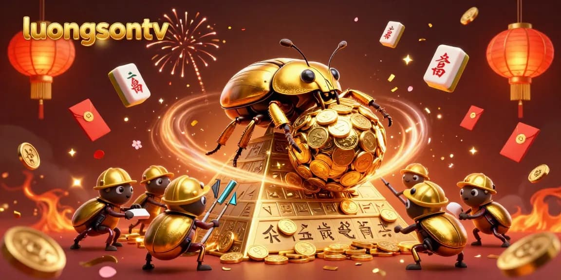 Experience the excitement of luongsontv with a golden beetle rolling coins amidst glowing casino symbols.