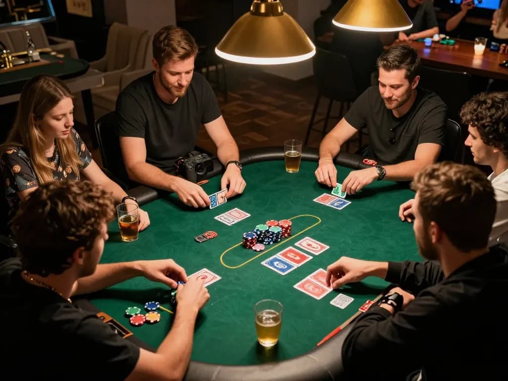 B52 CLUB poker game in action with players calculating strategies and vibrant chips.