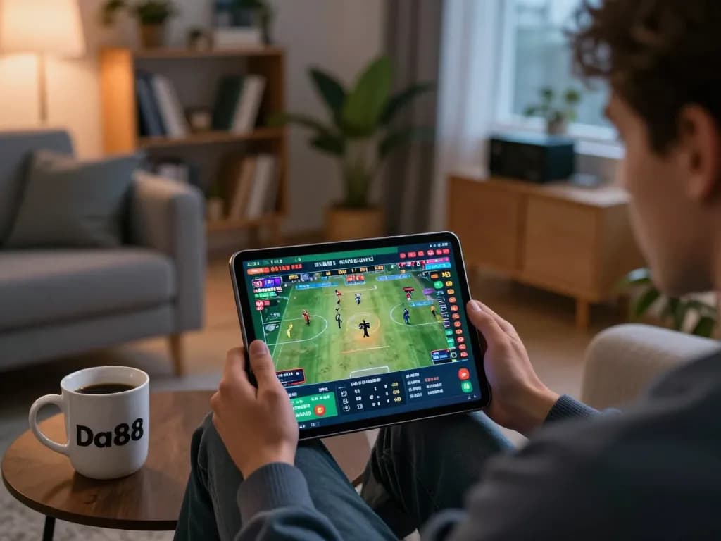 Experience live sports betting with Da88 on a tablet in a cozy home setting