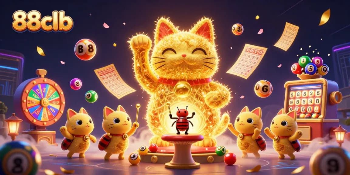 Experience the vibrant excitement of 88clb with a lucky cat and casino symbols in an animated scene.