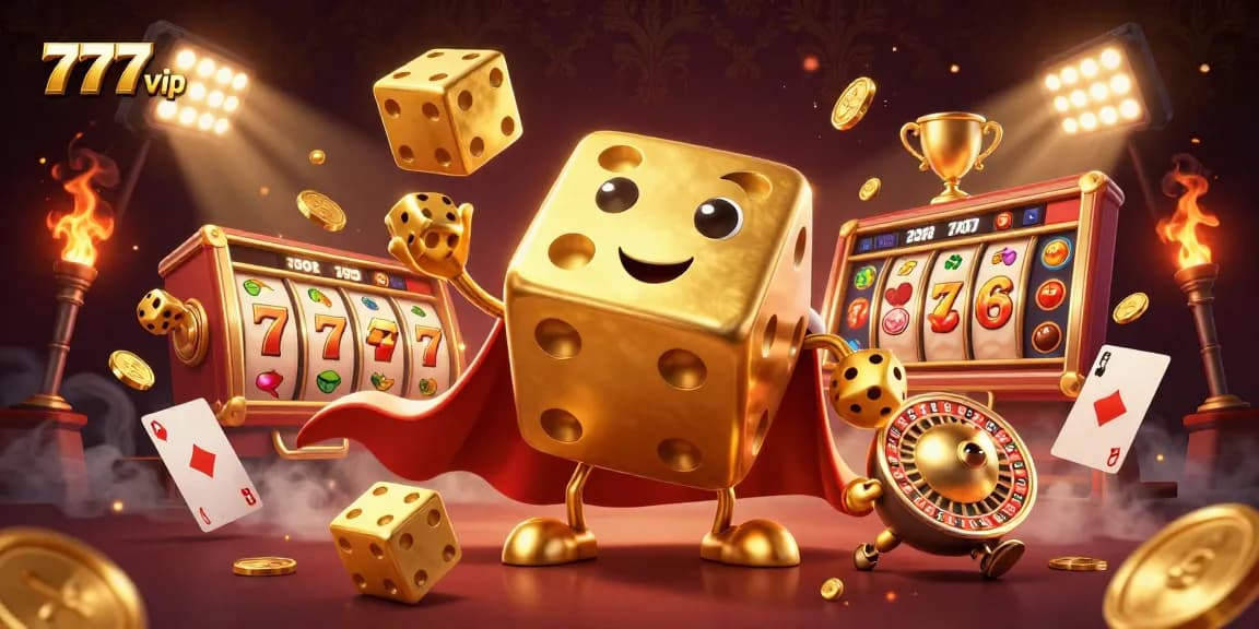Engage with the thrill of 777vip showcasing dynamic slot reels and golden dice in a vibrant casino scene.