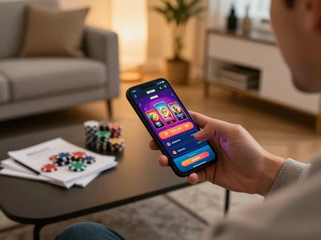 IWIN player strategically engages with casino app on smartphone amid a cozy home setting.
