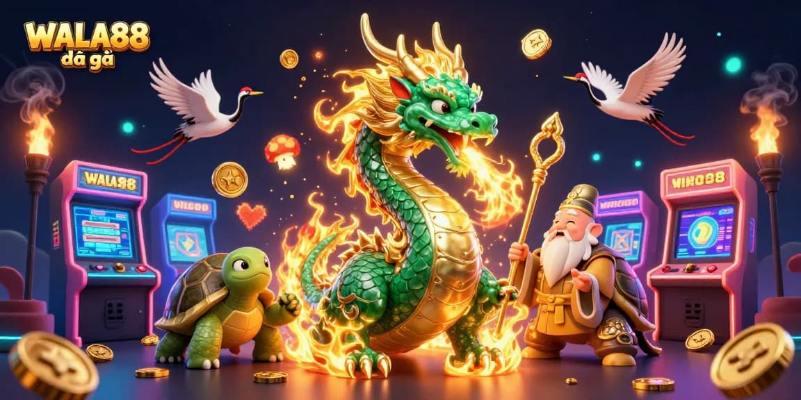 Experience WALA88 đá gà with colorful 3D elements and dynamic characters celebrating cockfighting.