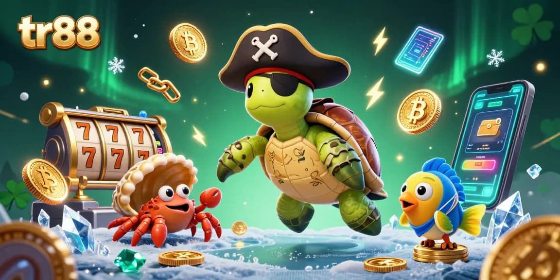 Experience thrilling slots at tr88 with a whimsical pirate turtle amidst treasure and vibrant elements.
