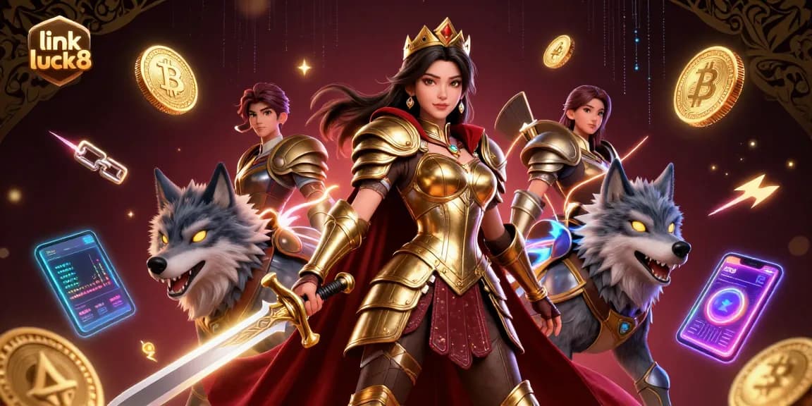 Engage in thrilling gameplay with link luck8, featuring a majestic warrior queen and her wolf, surrounded by glowing crypto elements.