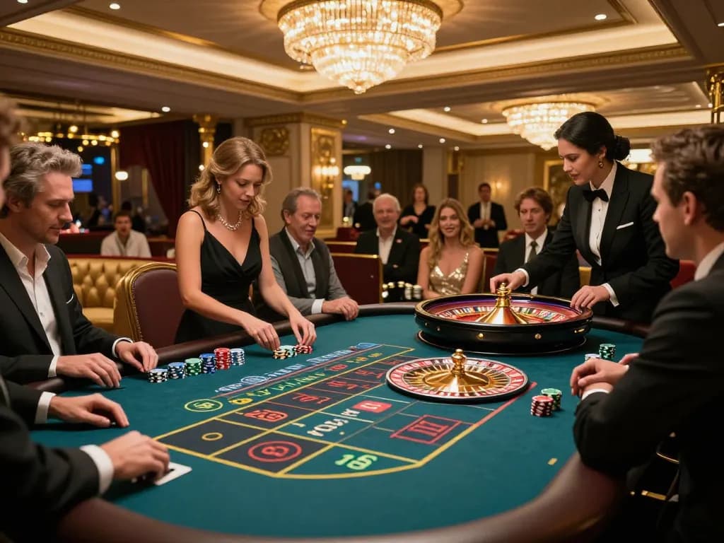 Lucky88 players placing bets at a vibrant roulette table in a luxurious casino atmosphere.