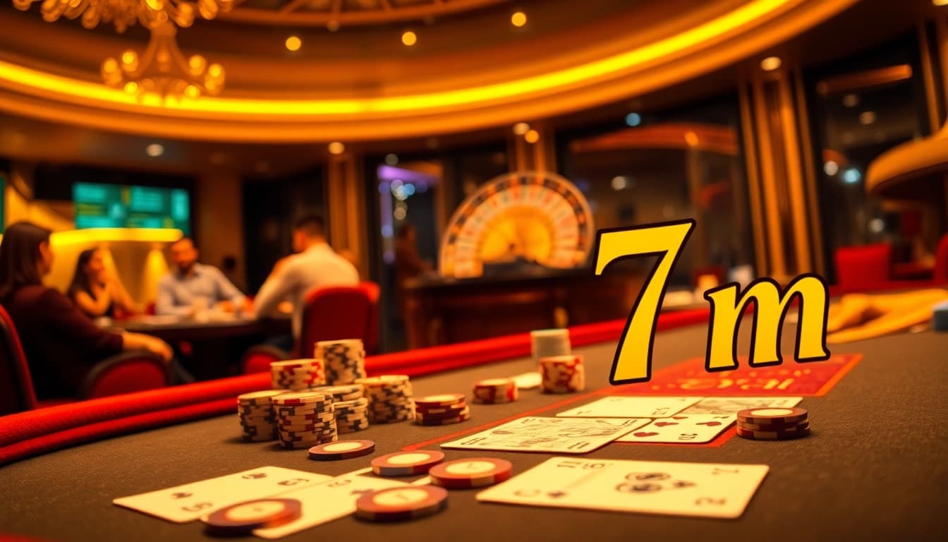 Players engage in a thrilling poker game at a luxurious casino, emphasizing strategy and excitement with 7m betting slips.