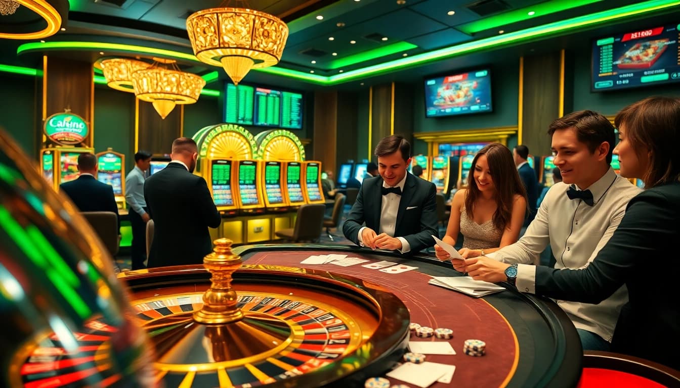 Experience the excitement at nhà cái vin88 with stunning roulette and slot machines in a luxurious casino setting.