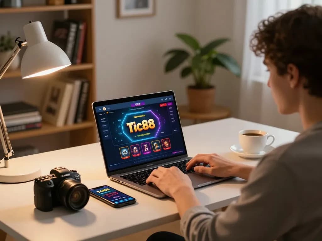 Tic88 online casino gaming scene with a focused player using a laptop at a stylish desk