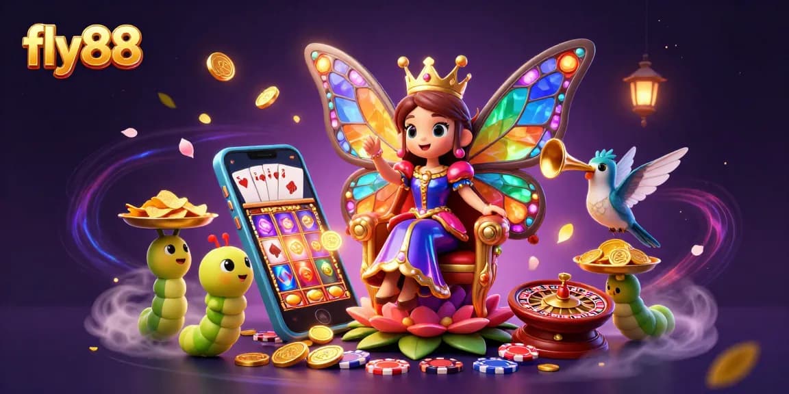 Experience the vibrant world of fly88 with a magical butterfly queen in a casino-themed scene, filled with gold chips and slot games.