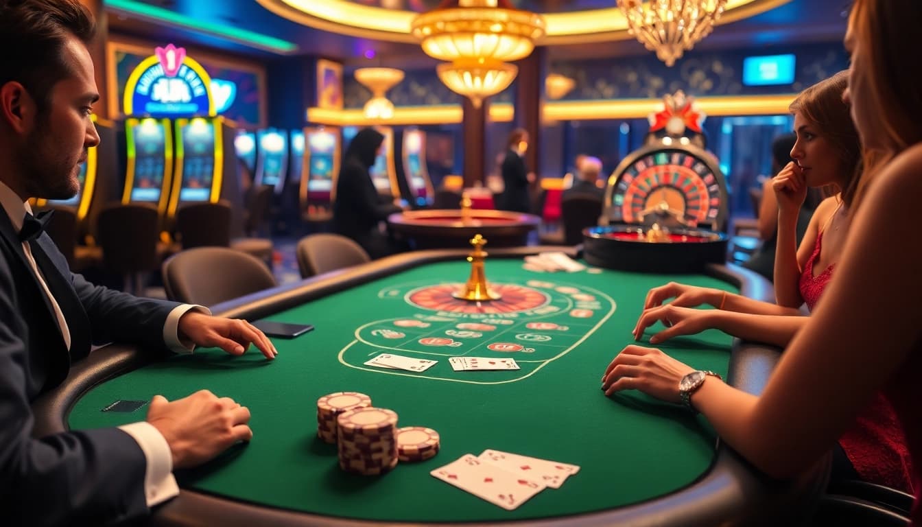 Engage with thrilling betting at a luxurious casino featuring DA88-inspired poker chips and cards.