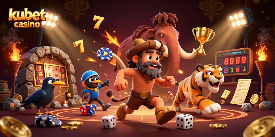 Kubet casino features a dynamic scene with cartoon characters running a lively casino amidst vibrant elements.