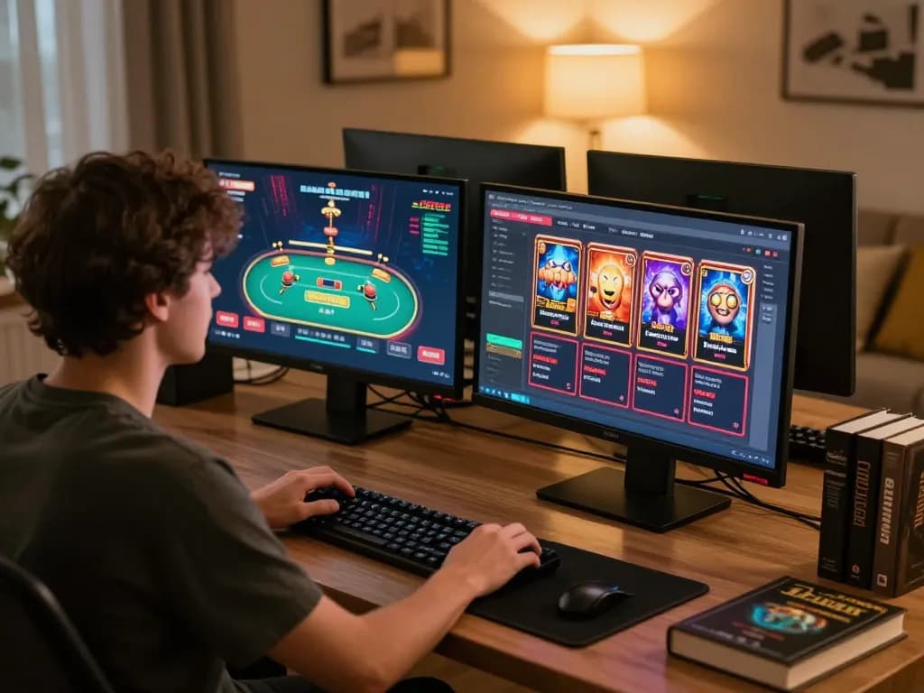 Person engaging in strategic online gaming at home, exploring 23WIN's vibrant interface.