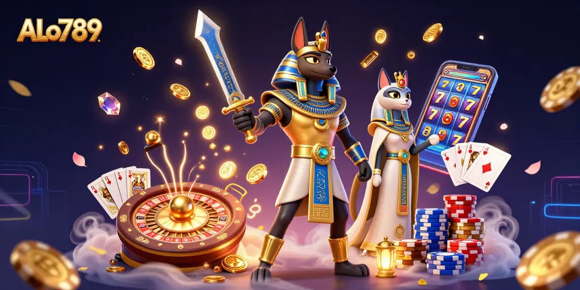 Engage with ALo789's vibrant casino scene showcasing Anubis and Bastet amidst dynamic gambling elements.