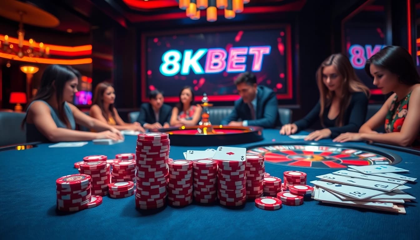 Experience the thrilling atmosphere of 8KBET with vibrant casino tables, exciting gameplay, and luxurious poker chips.