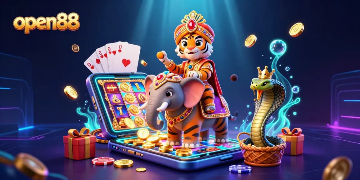 Experience lively gaming at open88 through captivating 3D characters amidst vibrant casino elements.