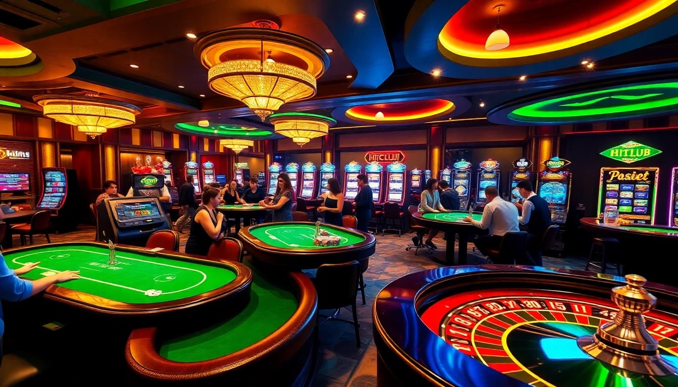 Players enjoy an exciting game at Hitclub’s luxurious casino, featuring vibrant tables and roulette wheels.