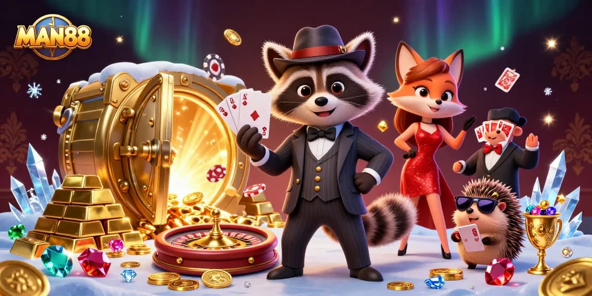Increase your chances with MAN88's vibrant casino gaming scene featuring engaging characters and dynamic elements.