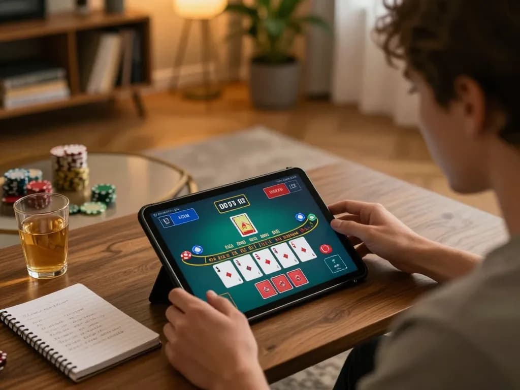 Engaging in strategic gameplay on Trang chủ Bom88's live dealer blackjack interface from a cozy home setup.