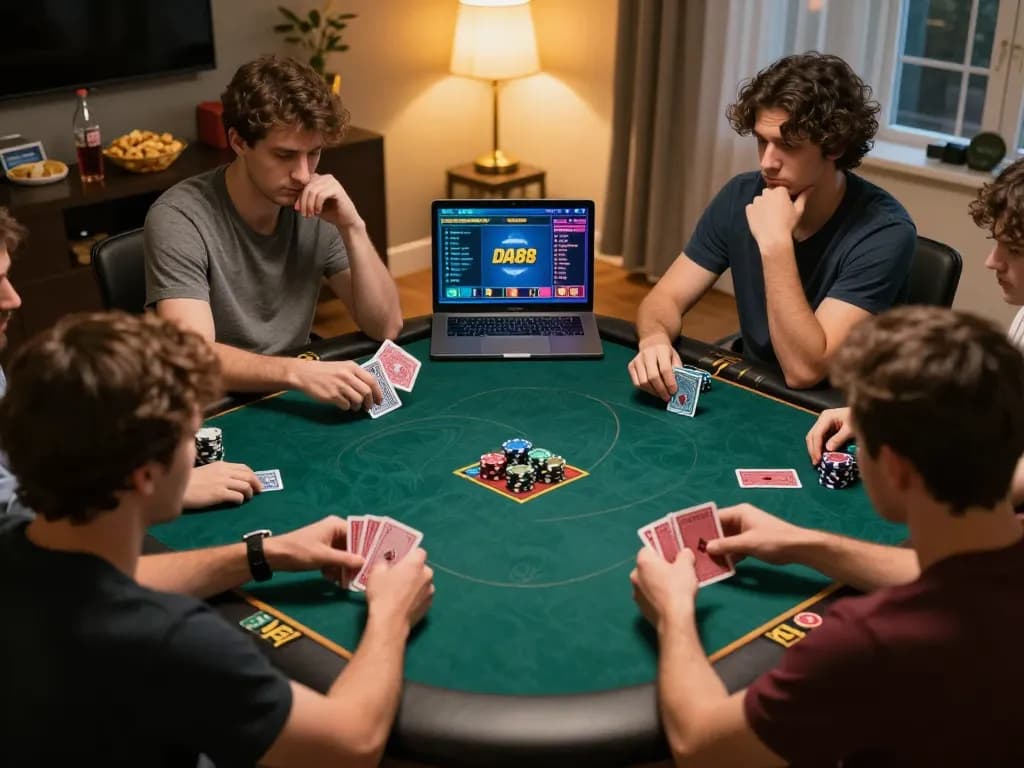 Players engaging in an intense online poker game with DA88's vibrant digital interface showcased.