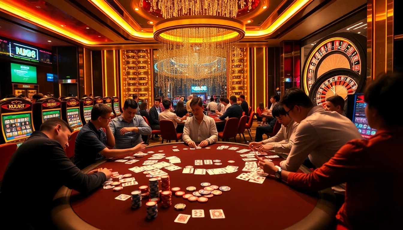 Engage with the excitement of nhà cái ku88 through a vibrant online casino scene filled with poker tables, slot machines, and roulette.