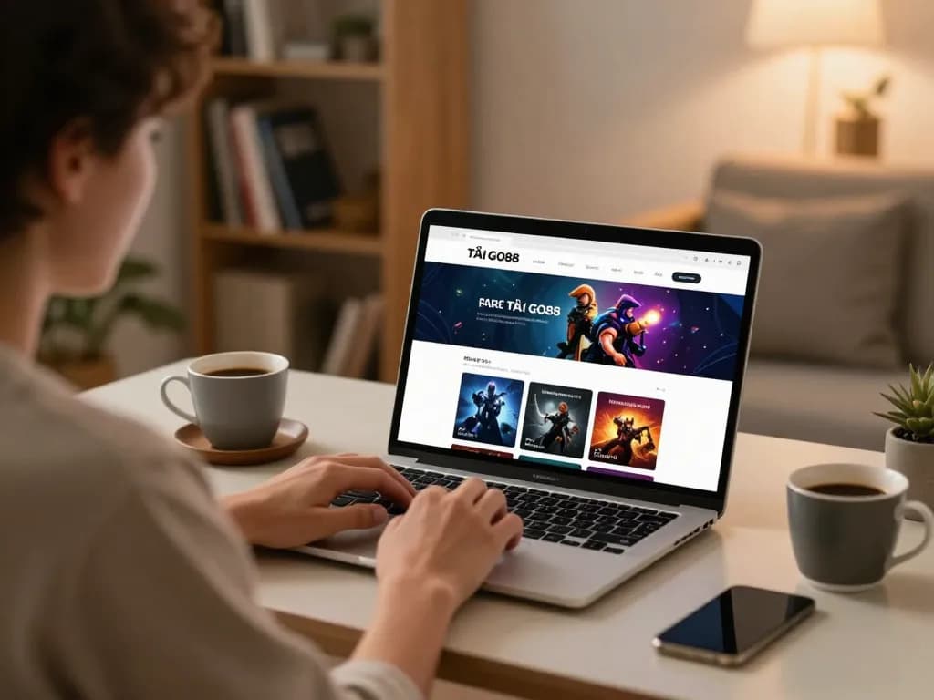 TẢI GO88 app interface displayed on a laptop in a cozy home environment, promoting responsible online gambling.