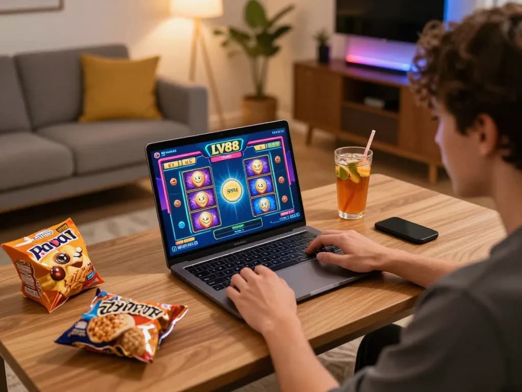 Enjoying the thrill of LV88 slot games on a vibrant online gaming setup at home.