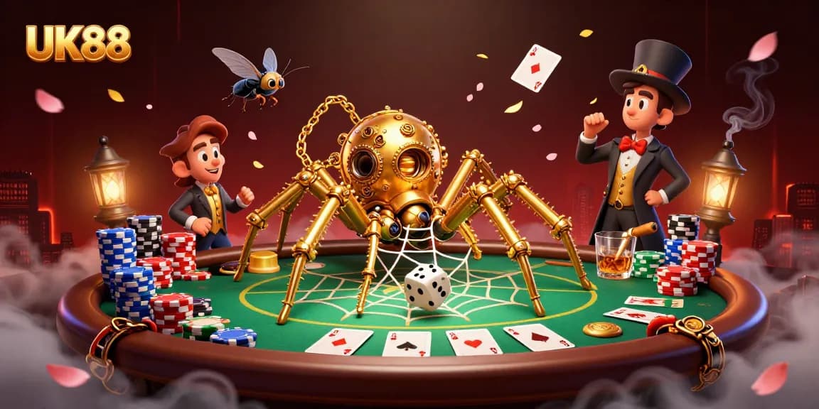 Catch captivating moments at UK88 with a golden spider web and poker action in an immersive scene.
