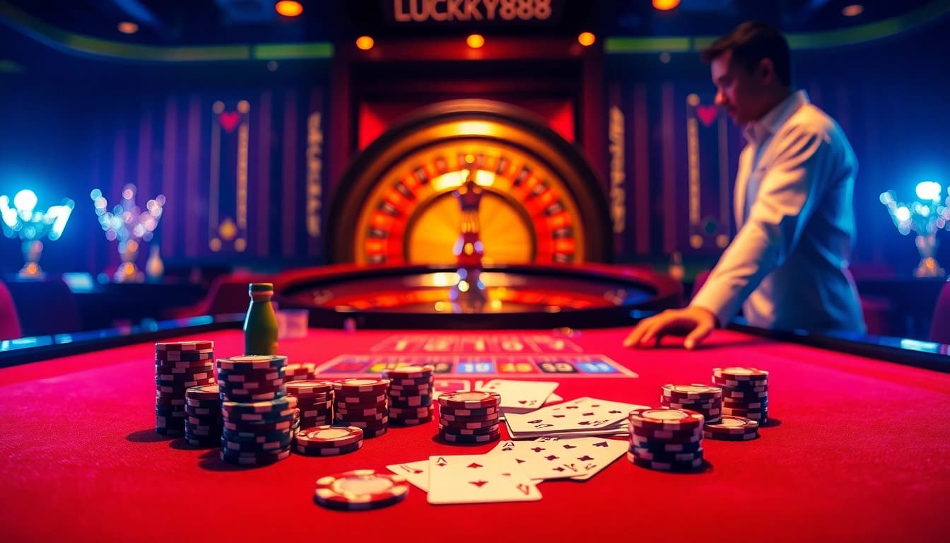Engaging gambling scene at Nhà cái LUCKY88 with poker chips and roulette wheel evoking excitement and professionalism.