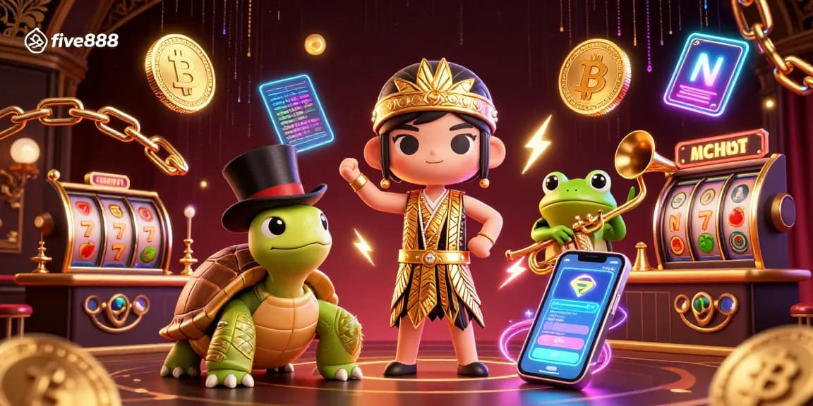Experience the excitement of five888 at a vibrant casino with dynamic characters and cryptocurrencies.